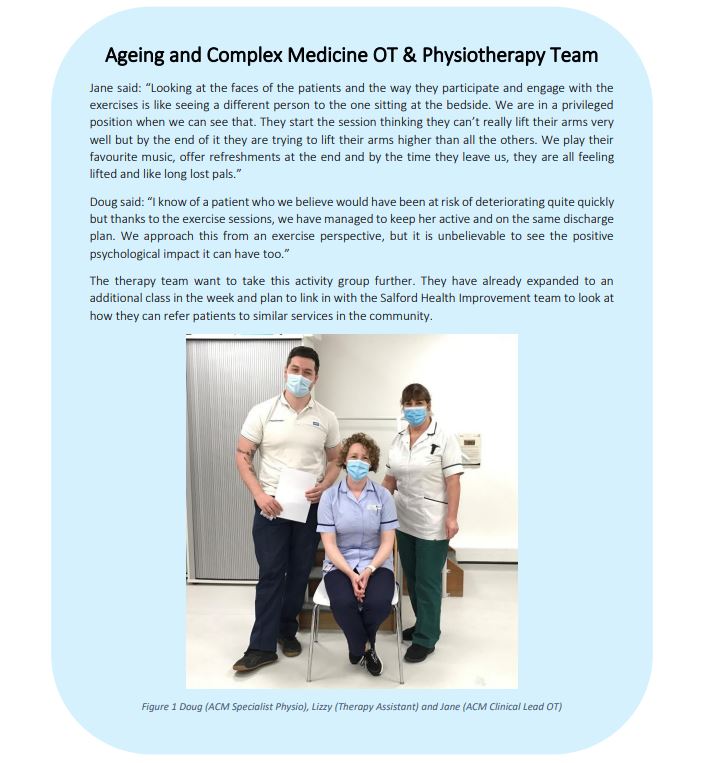 QualityNCA's tweet photo. The @AcmTherapy tested out a one hour seated activity group once per week for frail patients on Ward L6. Their tests have been a success with some great data to show it! And the groups have increased in frequency and involve more wards. Read more about it in the Change Package! https://t.co/QwhT5YZBjA
