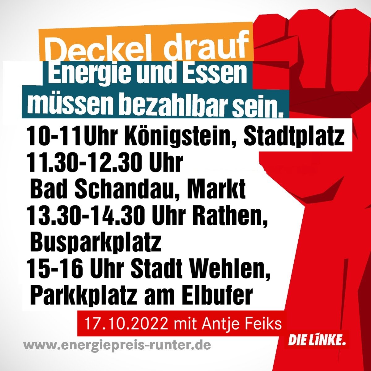 DECKEL DRAUF
2. Etappe am Montag, den 17. Oktober 2022🚩

Energie und Essen müssen bezahlbar sein!