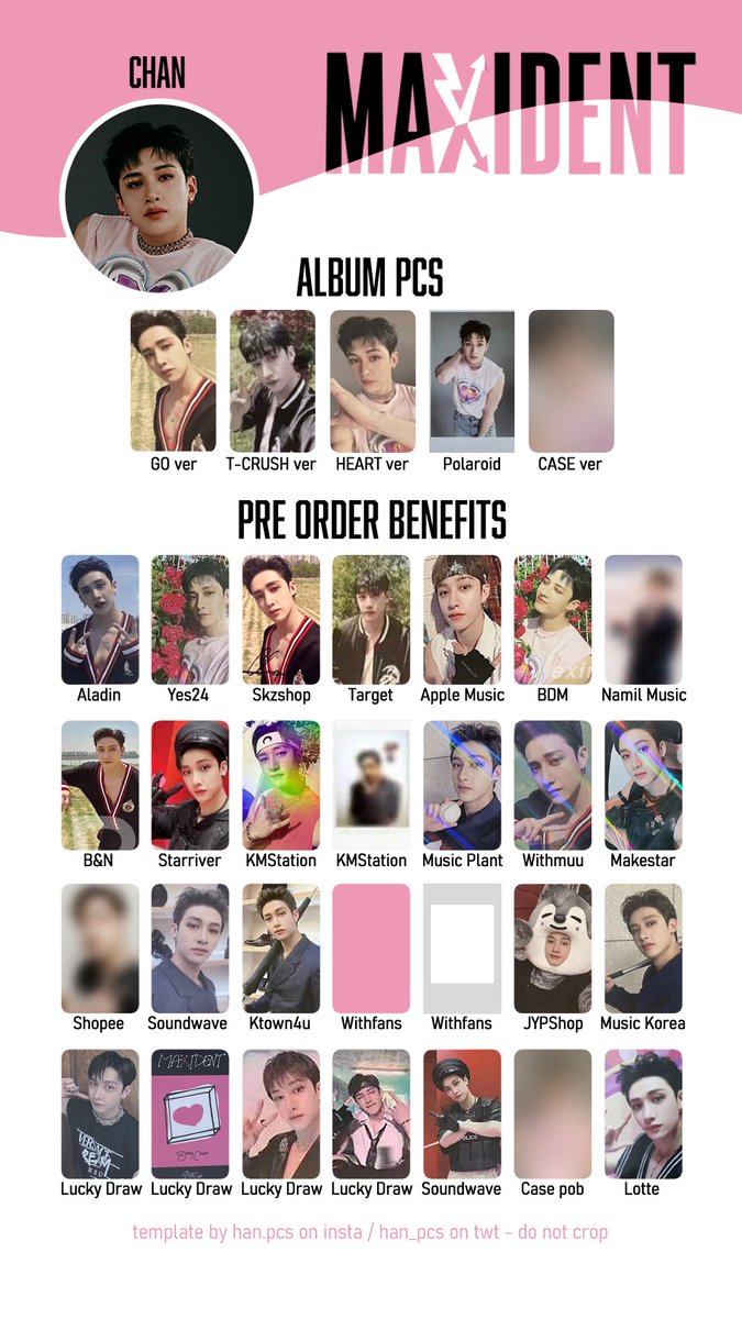 han ~ 여상 🐇🌙 on X: Maxident Stray Kids album + pre order benefit pc  template! Updated with case ver, starriver china, and kmstation pola Chan,  Changbin, Felix, Han #Maxident #StrayKids  /