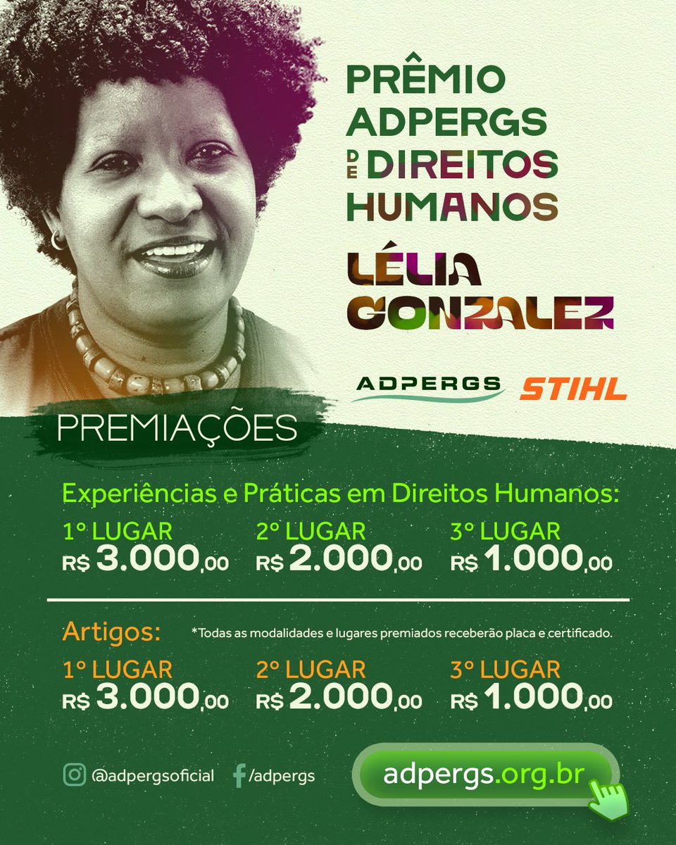 ADPERGS's tweet photo. Corre que ainda dá tempo! 🏃🏾‍♀️

⏱O Prêmio ADPERGS de Direitos Humanos - Lélia Gonzalez está com inscrições abertas até o dia 28 de outubro.

Inscreva-se: https://t.co/D4OQdTaXnj https://t.co/kK6U5I2De1