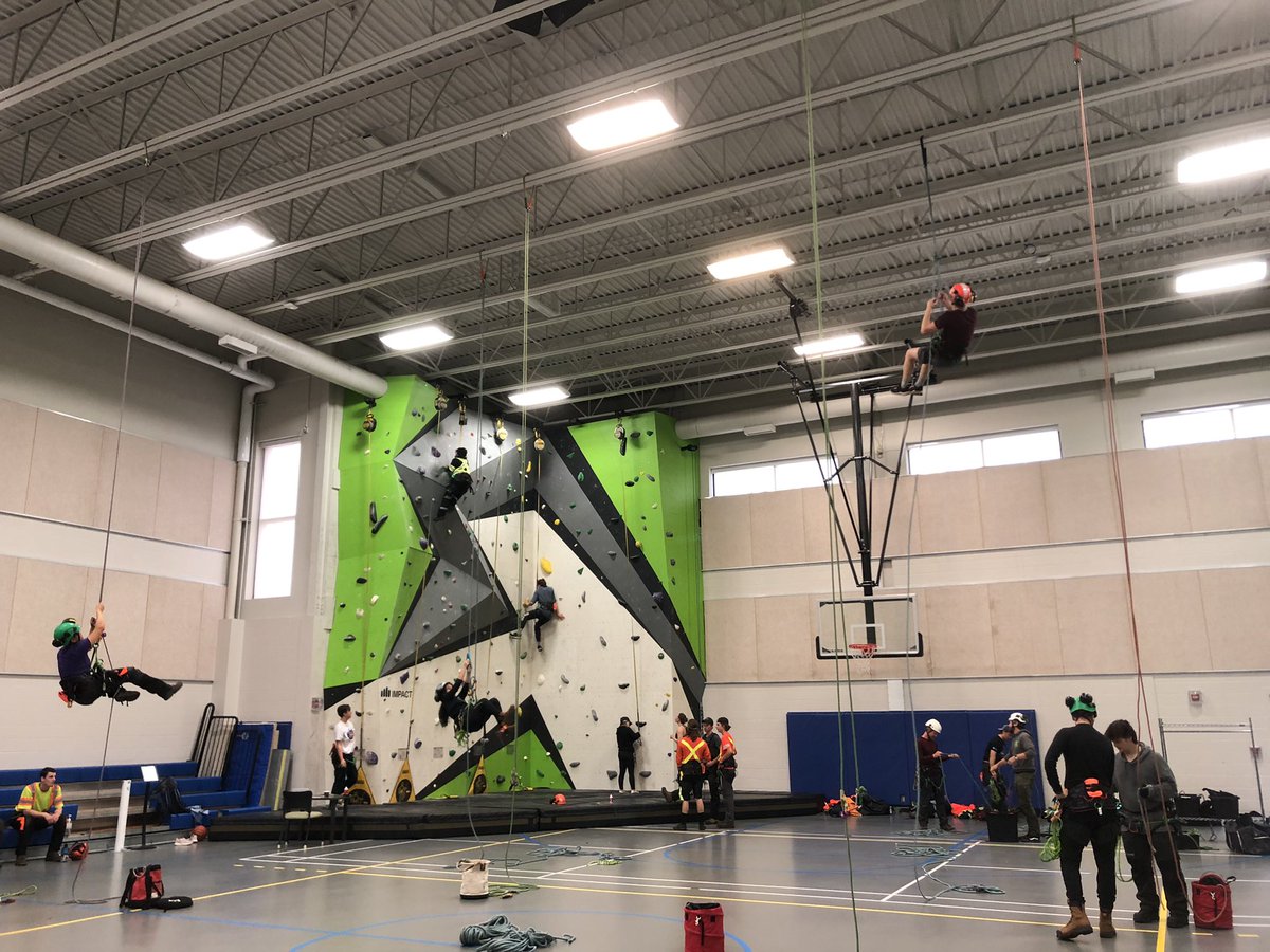 AlgonquinPEM's tweet photo. A typical day in our neighbourhood.  Urban Forestry-Arboriculture students practicing climbing skills in our gymnasium. @ontariocolleges @AlgonquinColleg @CityPembroke @RCDSB @RCCDSB https://t.co/kDeA6aY0AM