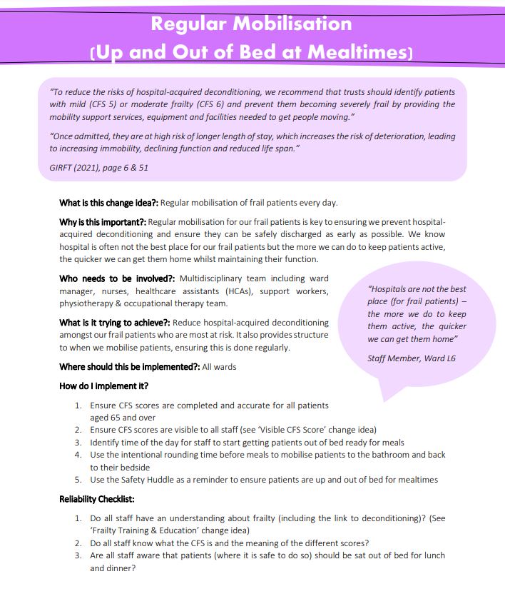 QualityNCA's tweet photo. Regular mobilisation is important for our frail patients to prevent deconditioning. Patients with a CFS of 5 &amp; 6 are particularly at risk. 

Find out how Ward L6 got patients up and moving each day on their ward in the Change Package!

#NCAReduceHarm https://t.co/OXHRWzNqPV