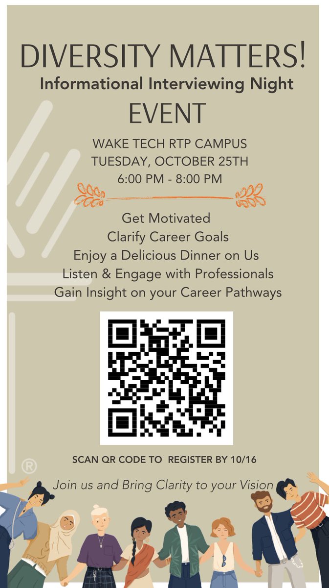 WakeTechCareers's tweet photo. CALLING ALL WAKE TECH STUDENTS & ALUMNI!!
#DIVERSITYMATTERS Informational Interviewing Dinner Night event!
https://t.co/R5LQz4WXBe
#diversity #matters #students #alumni
#diversitydinner #getmotivated #meetwithprofessionals #gaininsight #careerpathways #waketechcareerservices https://t.co/bklEEIg9y3