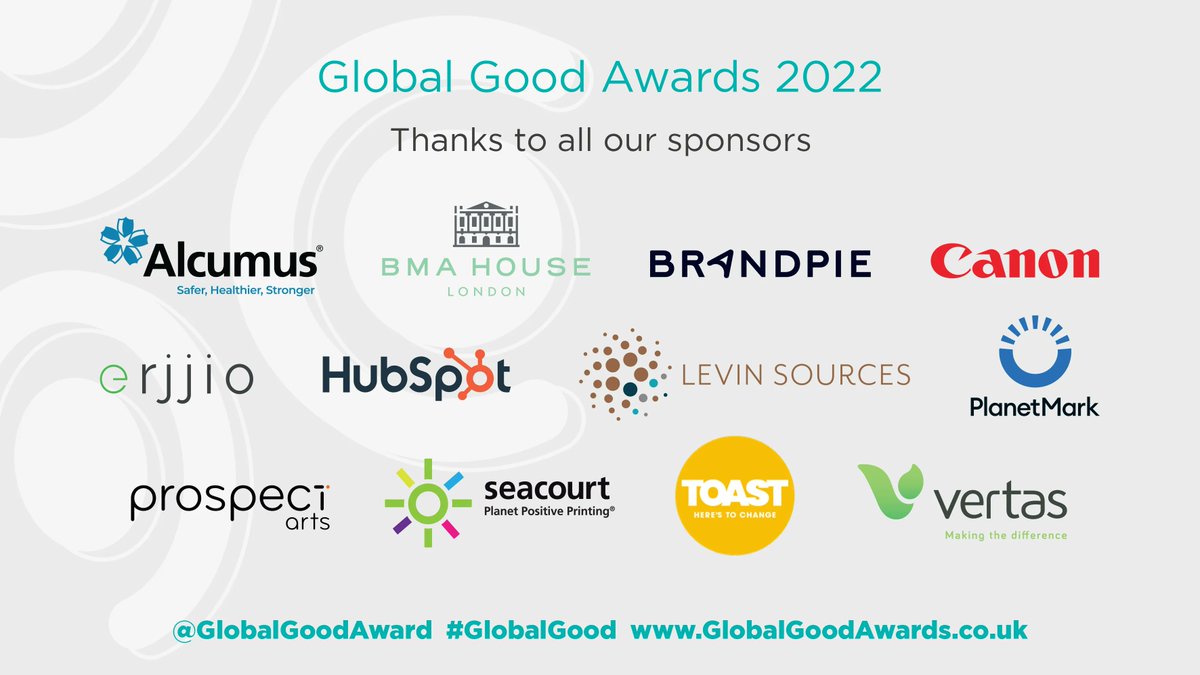 Global Good Awards 🌍 (@globalgoodaward) on Twitter photo Thanks to all our #purpose led sponsors that are supporting us in 2022… @AlcumusGroup <a href="/Brandpie/">Brandpie</a> <a href="/CanonEMEA/">Canon EMEA</a> @erjjiostudios <a href="/HubSpot/">HubSpot</a> @LevinSources <a href="/ThePlanetMark/">PlanetMark</a> @ProspectArts <a href="/SeacourtLtd/">Seacourt</a> <a href="/ToastAle/">Toast Brewing</a> <a href="/VertasGroup/">Vertas Group Limited</a> @BMAHouseVenue buff.ly/3UW4IiP #GlobalGood Thanks to all our #purpose led sponsors that are supporting us in 2022… @AlcumusGroup <a href="/Brandpie/">Brandpie</a> <a href="/CanonEMEA/">Canon EMEA</a> @erjjiostudios <a href="/HubSpot/">HubSpot</a> @LevinSources <a href="/ThePlanetMark/">PlanetMark</a> @ProspectArts <a href="/SeacourtLtd/">Seacourt</a> <a href="/ToastAle/">Toast Brewing</a> <a href="/VertasGroup/">Vertas Group Limited</a> @BMAHouseVenue buff.ly/3UW4IiP #GlobalGood