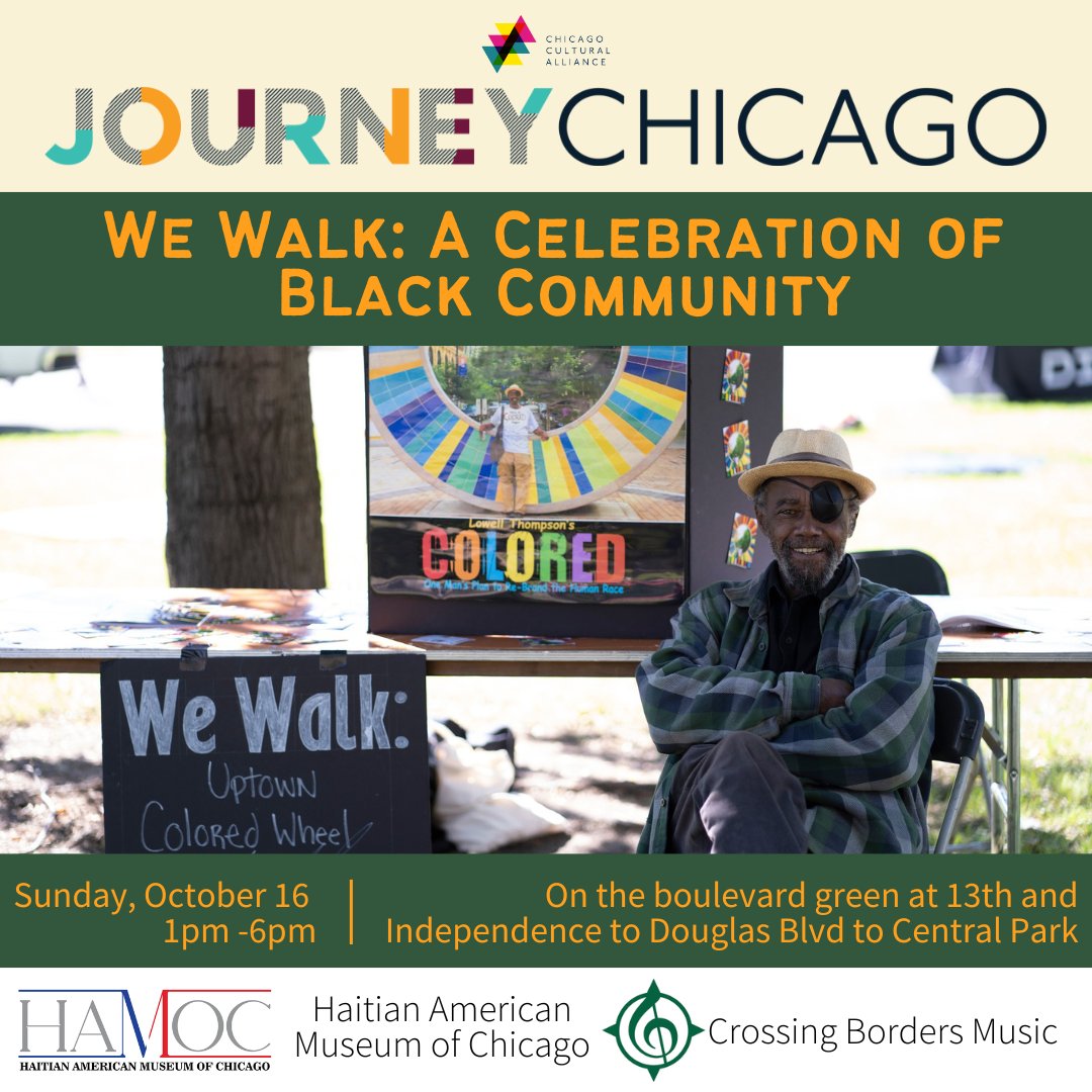 chicagocultural's tweet photo. On Sun, Oct 16, Journey Chicago continues in Lawndale for "We Walk: A Celebration of Black Community," the outdoor, traveling festival of art, performance, and empowerment co-hosted by @hamoc1804 and Crossing Borders Music.
📷️: Artist Lowell Thompson, courtesy HAMOC https://t.co/YhQrDgjt2N