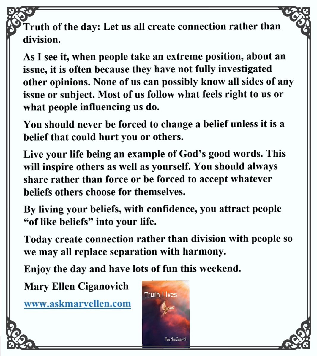askmaryellen's tweet photo. Truth of the day: Let us all create connection rather than division. #Truthoftheday #FridaysInspirationals #askmaryellen #connectandaccept #Mindfulnesspost #Truthauthor #beanexampleofgood #dailydevotionals Truth Lives https://t.co/O5zd8WfXNe https://t.co/dLZOhsuHTw