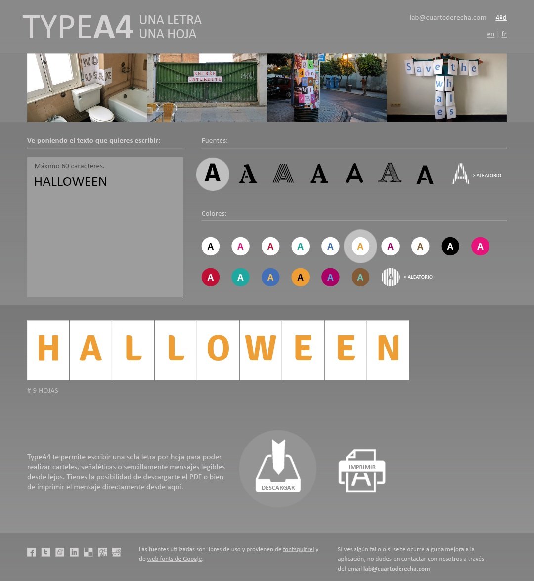 Os recuerdo que en esta página podéis sacar letras para vuestros carteles o murales en menos de un minuto (una letra por hoja). 
Sin registro y de forma gratuita.
En estos días viene muy bien... 😉 🎃
typea4.com/es/