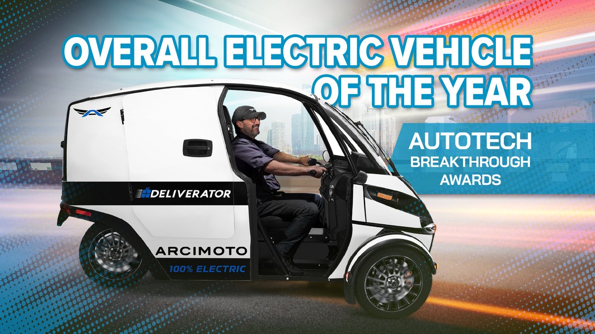 arcimoto's tweet photo. The Deliverator delivers! Thank you @TopTechAwards for naming the #Deliverator the Overall EV of the year! 🏆🎗️🌎 See all the winners here: https://t.co/e94K1qoGET https://t.co/184bL5KDaf