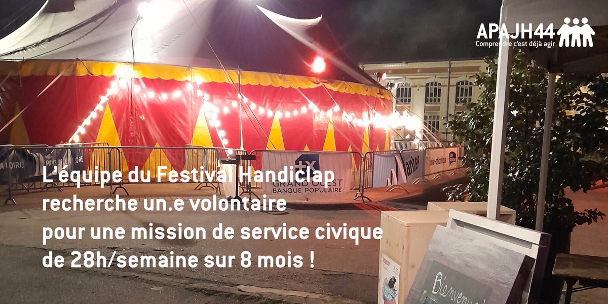 L'APAJH 44 propose une mission de #servicecivique de de 28h/semaine sur 8 mois pour son #festival Handiclap dans le domaine de la communication et de la culture : service-civique.gouv.fr/trouver-ma-mis…
