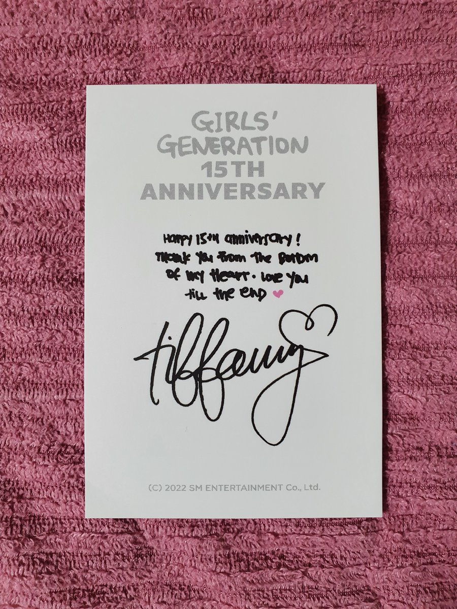 itnw0628's tweet photo. [Trans] Tiffany AR Voice Card comment

1. Card : (She wrote in English)
2. Voice : Thank you for letting me have a happy dream for 15 years. Because of your existence, SONE, I always feel reassured. Thank you so much. Love you forever. Love you, SONE. #SNSD https://t.co/seHIvOQZpS