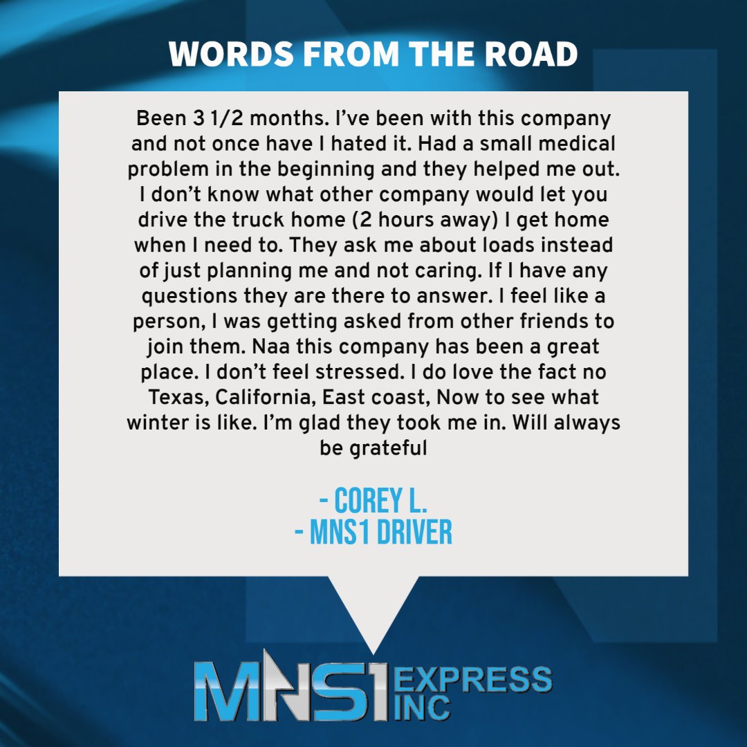 Thank you, Corey (MNS1 driver), for your review!
#MNS1express #driverfirstculture #MNS1 #logistics #trucking #ThankATrucker #Review #feedback