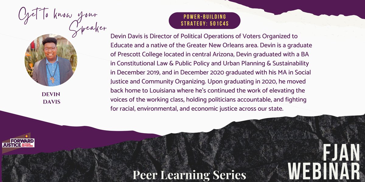 _FJAN_'s tweet photo. Get to know your Peer Learning Series Speaker @DevinchDavis .

Register now:  https://t.co/tccQOKNJ37 
 
#FJAN #ForwardJustice #ForwardTogether #PeerLearningSeries https://t.co/j460My4mfu
