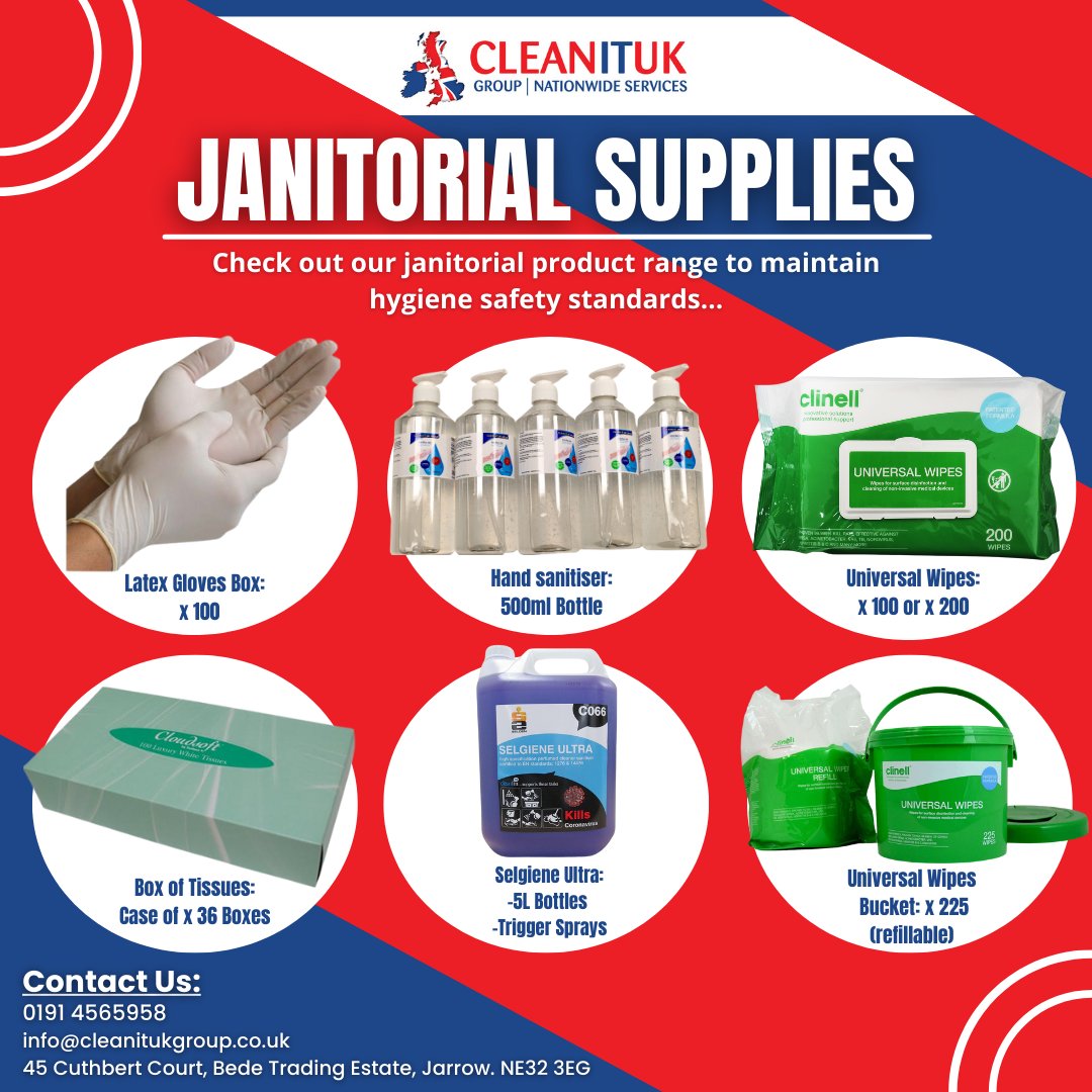 CleanItUK_Group's tweet photo. Come visit us and see what we have available in store! Our shop is open from 9am-5pm Monday to Friday. For a great selection of janitorial supplies such as:

✅Latex gloves
✅Hand sanitiser
✅Universal wipes
✅Tissue boxes
✅Face masks
✅Selgiene ultra

and many more! https://t.co/Hhk5Nr03J2