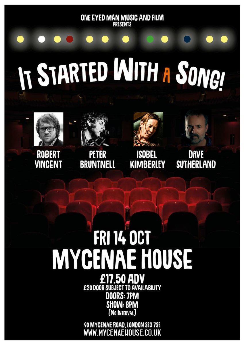MycenaeHouse's tweet photo. Robert Vincent, Peter Bruntnell, Isobel Kimberley and Dave Sutherland take to the stage here tomofor IT STARTED WITH A SONG. Come and join this tour de force of Americana/Country/Folk singer-songwriters as they share the stage at this very special event.
https://t.co/gwpgXc8uQA https://t.co/BnK75WsBVL