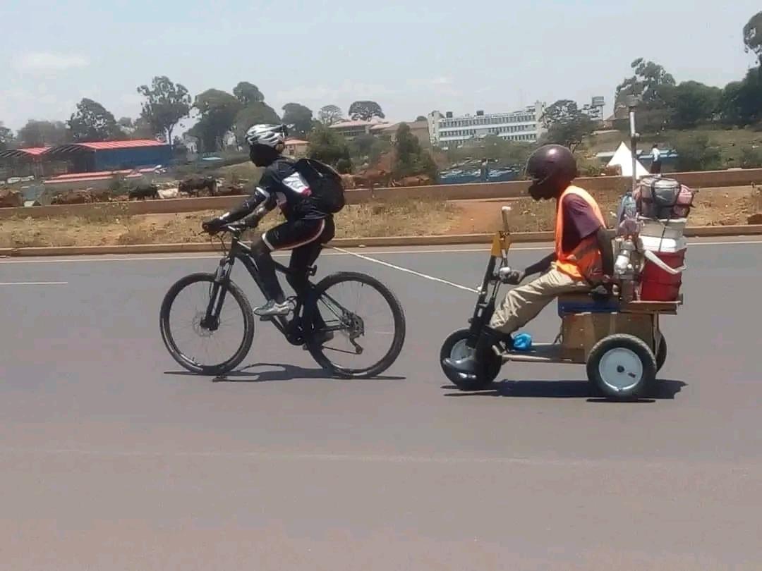 Godfrygithinji's tweet photo. I sympathised with him and decided to push him to Kangemi where I bought a rope and used it to pull him while doing a tempo of 10 kph. Later at Kabete Charlo came along and offered to suffer on the hot seat.
He never lost anything by helping the differently enabled man. https://t.co/aBtf6ADNvV