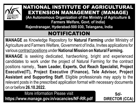 Research_Clue's tweet photo. National Institute of Agricultural Extension &amp; Management, Hyderabad @ManageHyd invites applications for various project positions for Natural Farming
#PhDstudent #Hyderabad #agri #PhD_Advisor https://t.co/EswI0iJe4m