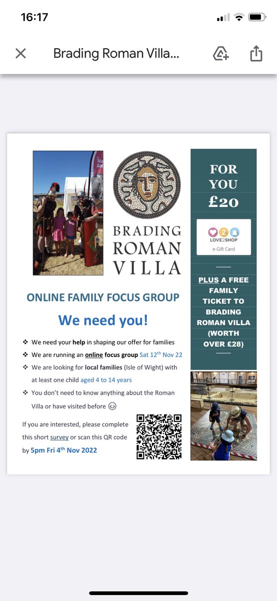 A call out to families wanting to get the best experience possible from their Villa Visit! Be part of the Brading Roman Villa’s forum. Scan the QR code to find out more!