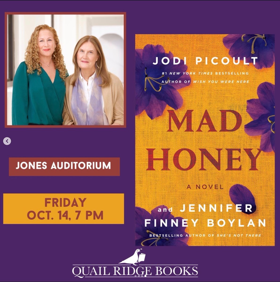 VERY excited to partner with @quailridgebooks to host these two incomparable authors on their MAD HONEY Raleigh tour stop! @jodipicoult and @JennyBoylan will be at Jones Auditorium tomorrow (Friday), 7pm. Join us! quailridgebooks.com/event/madhoney…