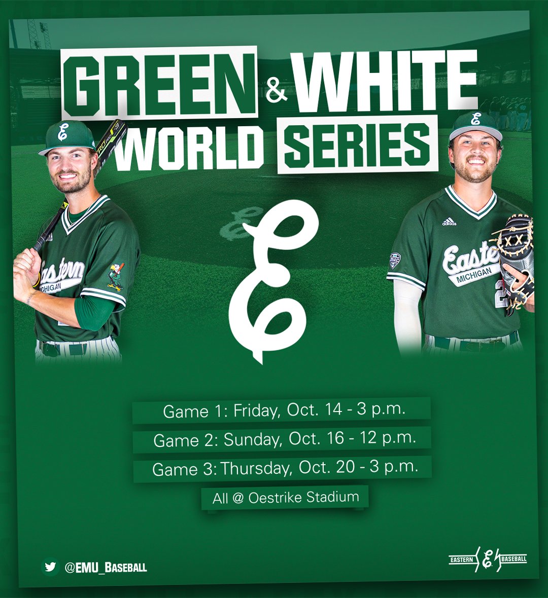 EMU_Baseball's tweet photo. ⚾️ 𝐈𝐓'𝐒 𝐁𝐀𝐂𝐊 ⚾️

@EMU_Baseball is back this week with its annual Green &amp; White World Series‼️

#EMUEagles | #EMUBats https://t.co/g8IMMvJjZg