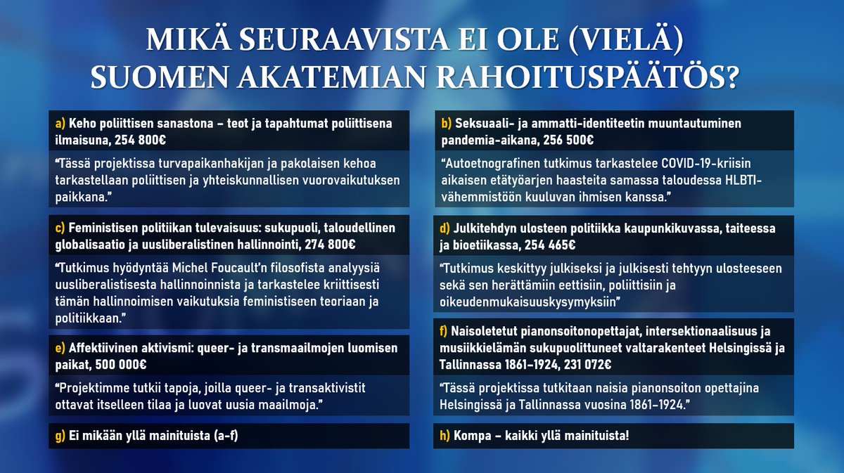 Nyt on niin visainen perjantaipulma ettei Suomen Akatemian byrokraattikaan osaisi vastata lunttaamatta.
#syyshaku #tutkimusrahoitus #tiede #tutkimus