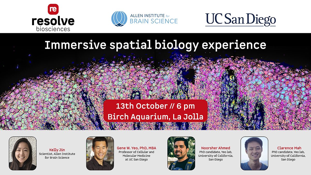 ResolveBioSci's tweet photo. Join us TODAY! Four "spatialists"from @yeo_lab @UCSanDiego and @AllenInstitute will be at the @birchaquarium today at 6pm! Learn how to apply spatial #genomics to advance your research &amp; elevate your experience with a night tour at the aquarium 🐟https://t.co/XuzgZwBEFk https://t.co/yKDYdahtIb