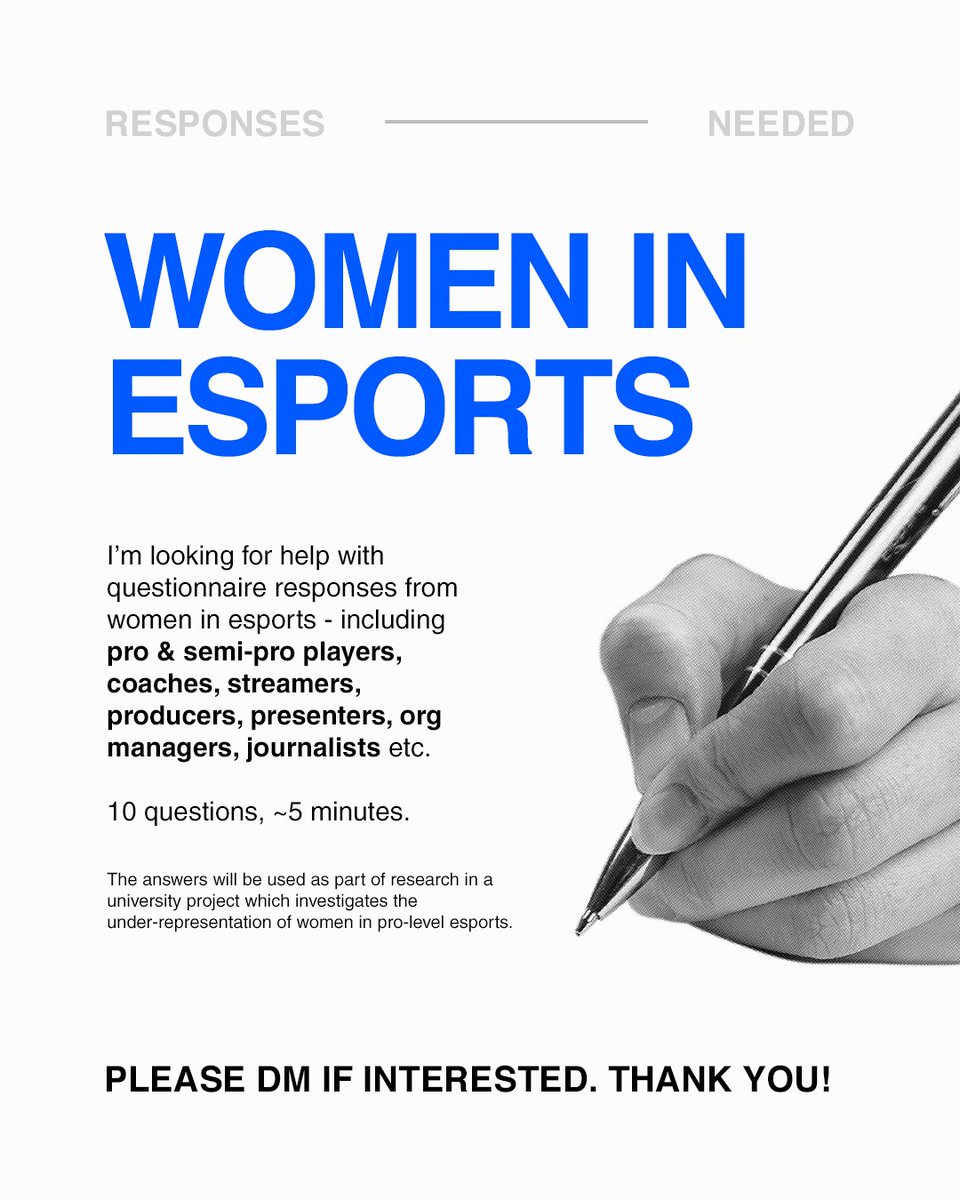 sammyRDKN's tweet photo. Hello!

I'm looking for questionnaire responses from women in esports 🎮 This includes pro &amp; semi pro players, coaches, streamers, journalists, org managers etc.

It's for a university project I'm doing on the under-representation of women in pro-level esports.

DM if interested! https://t.co/8FRtWdmS7f