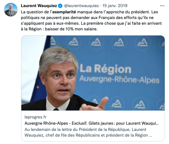 Laurent Wauquiez a-t-il pensé à ce tweet de 2019 — et à tous les autres dénonçant l’«assistanat» et le «gaspillage» d’argent public — en organisant son banquet à 100.000€ ?

Plus de 1.100€ par convive. Aux frais du contribuable, bien sûr. 👇
mediapart.fr/journal/france… <a href="/Mediapart/">Mediapart</a>