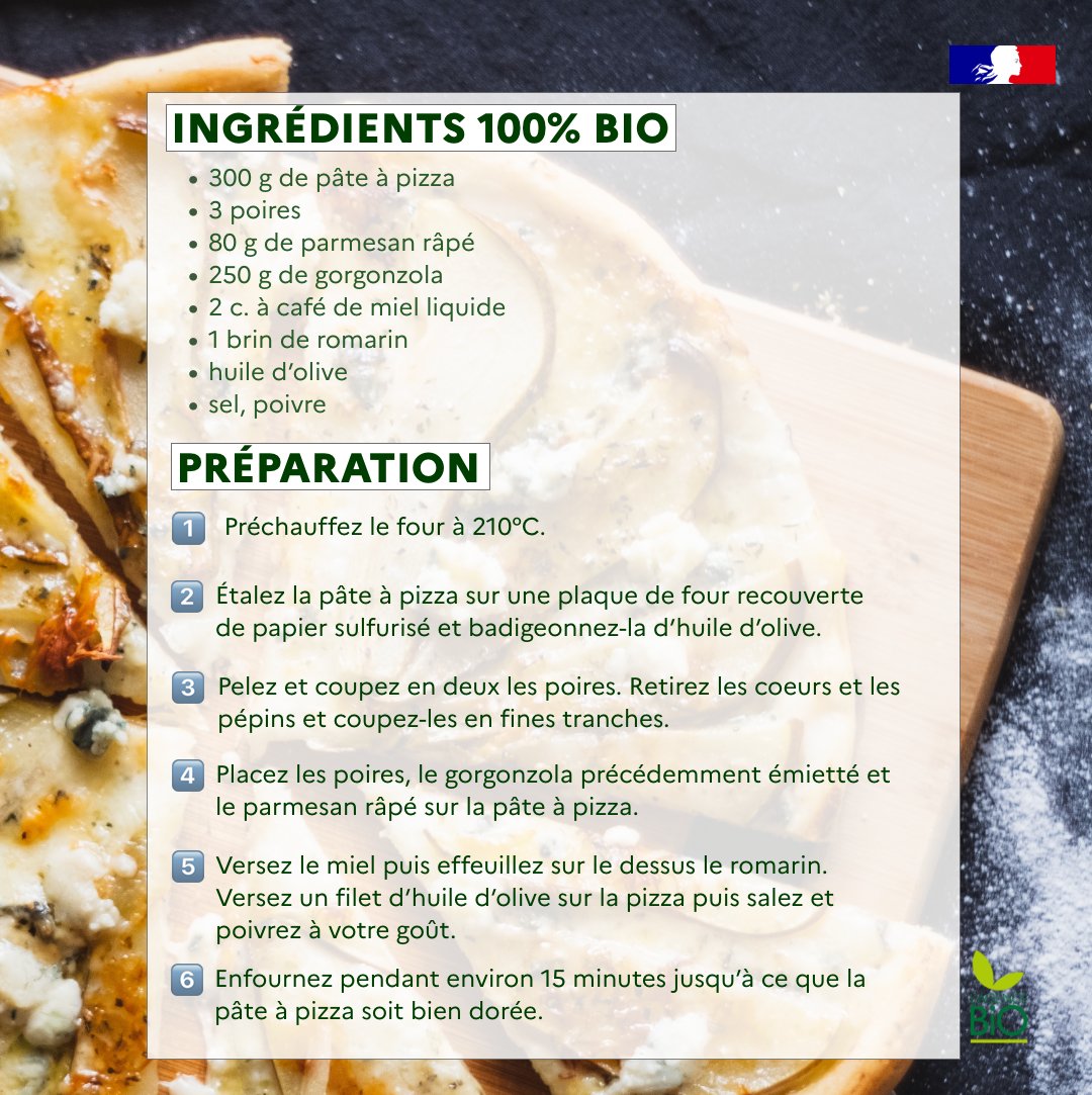 agence_bio's tweet photo. Adapter la garniture de sa pizza en fonction de la saison ? C'est toujours une bonne idée!💡
L’Agence BIO vous propose une recette de pizza automnale à la poire, gorgonzola et au miel!
Une recette sucrée-salée qui ravira vos papilles ! 🤩
#BioReflexe #BioPourTous #bioetdélicieux https://t.co/UMkf5wQAJ7