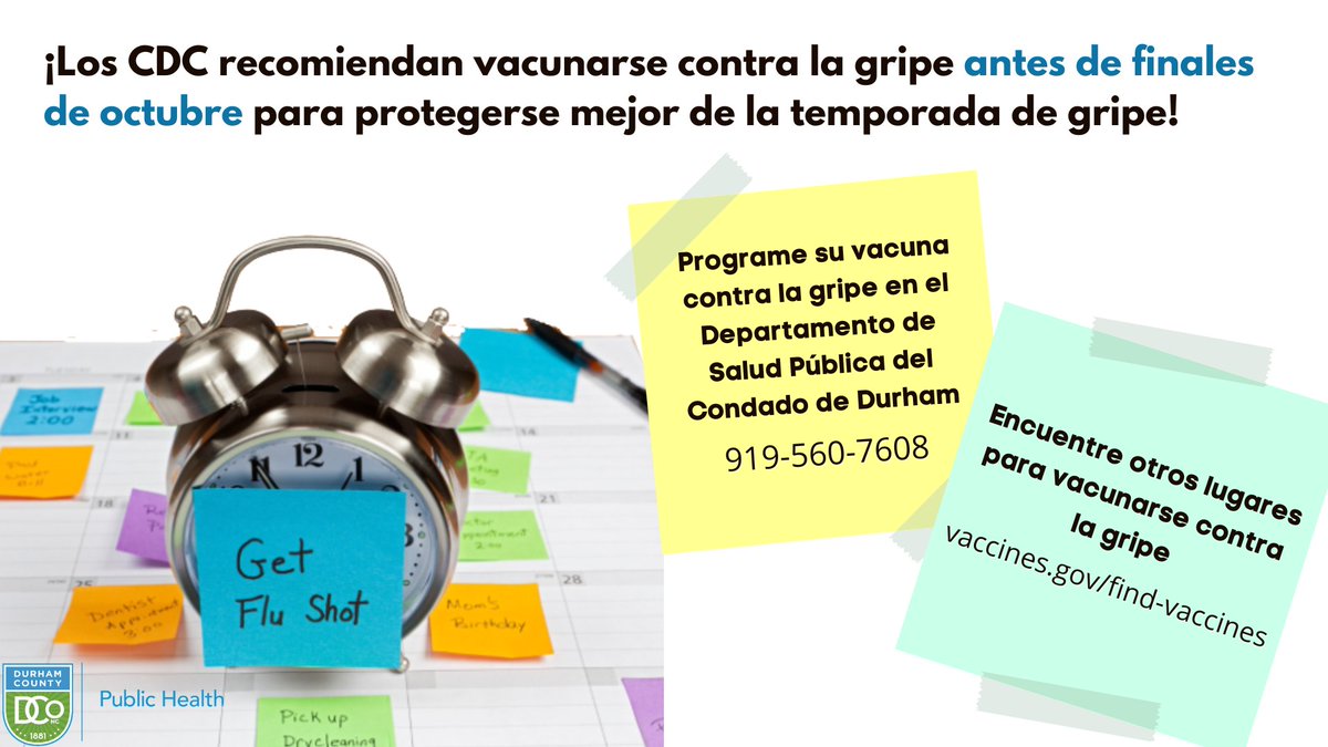 ¡Es hora de vacunarse contra la gripe! Los CDC recomiendan la vacunación a finales de octubre para protegerse mejor durante la temporada de gripe. Llámenos al 919-560-7608 para programar su cita, o busque otro lugar de vacunación cerca de usted: vaccines.gov/find-vaccines