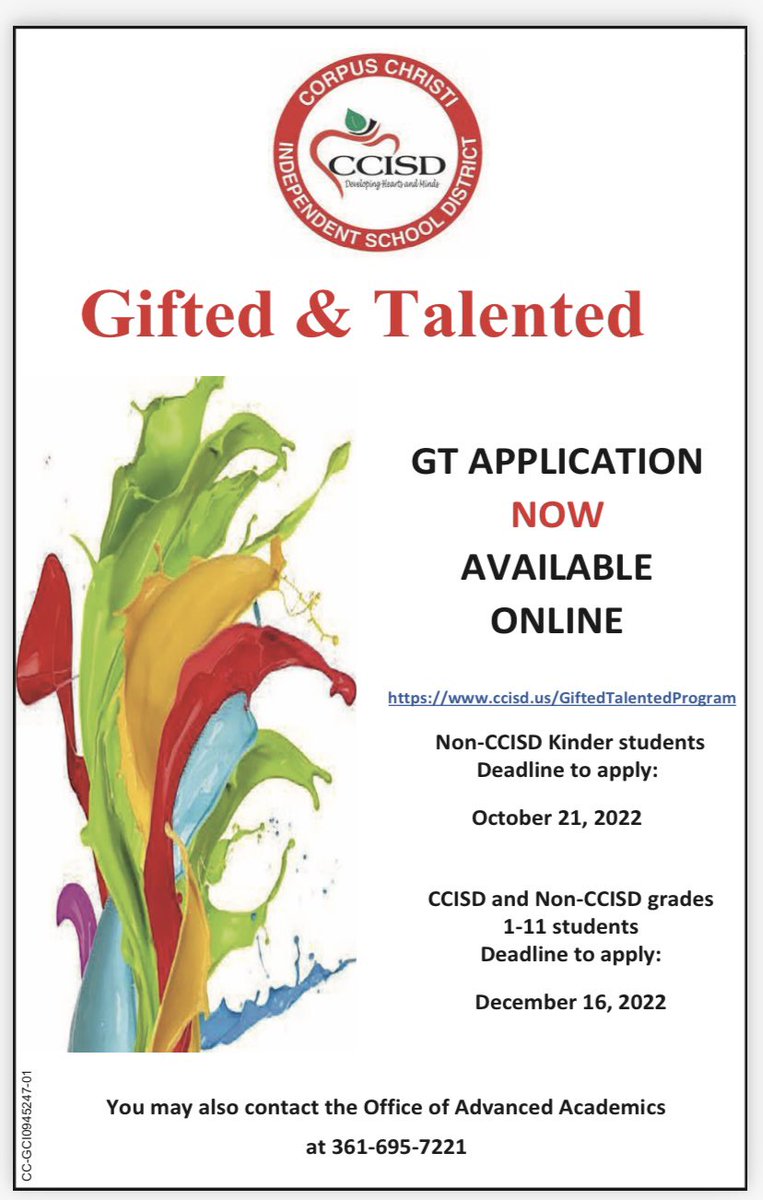 CTECCISD's tweet photo. Reminder! GT application available. Please view flyer for upcoming Deadlines! @r0hernandez @DrSandraClement @ccleadservant @MrWardenEnglish @CCISD @Soniaz76 @DMVillarreal23 https://t.co/uM05Nvp1To