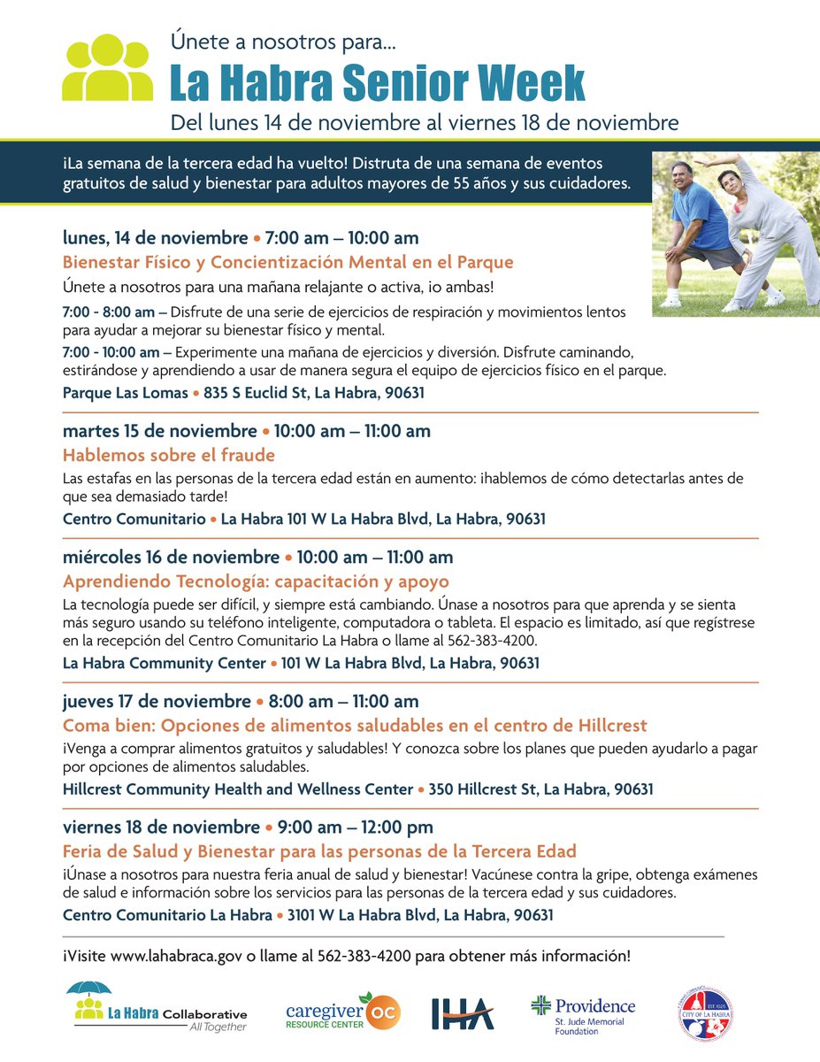 La Habra, CA (@lahabraca) on Twitter photo <a href="/LaHabraCA/">La Habra, CA</a> Senior Week is coming Nov 14-18! Seniors 55+ and their caregivers can enjoy a week of FREE health and wellness events at locations around town. More info, call 562-383-4200. <a href="/LaHabraCA/">La Habra, CA</a> Senior Week is coming Nov 14-18! Seniors 55+ and their caregivers can enjoy a week of FREE health and wellness events at locations around town. More info, call 562-383-4200.