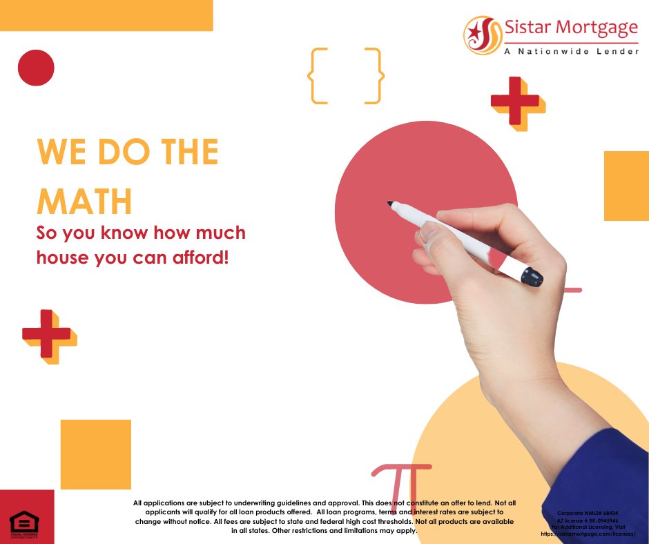 SistarMortgage's tweet photo. When it comes to purchasing a home we can do the math to know how much house you can afford. Get starting on the path to homeownership today with a pre-approval. 
Call us today at (888) 841-4238 or apply online at https://t.co/sfte9Jadqu 
#preapproval #SistarMortgage https://t.co/3hNLiMTefo