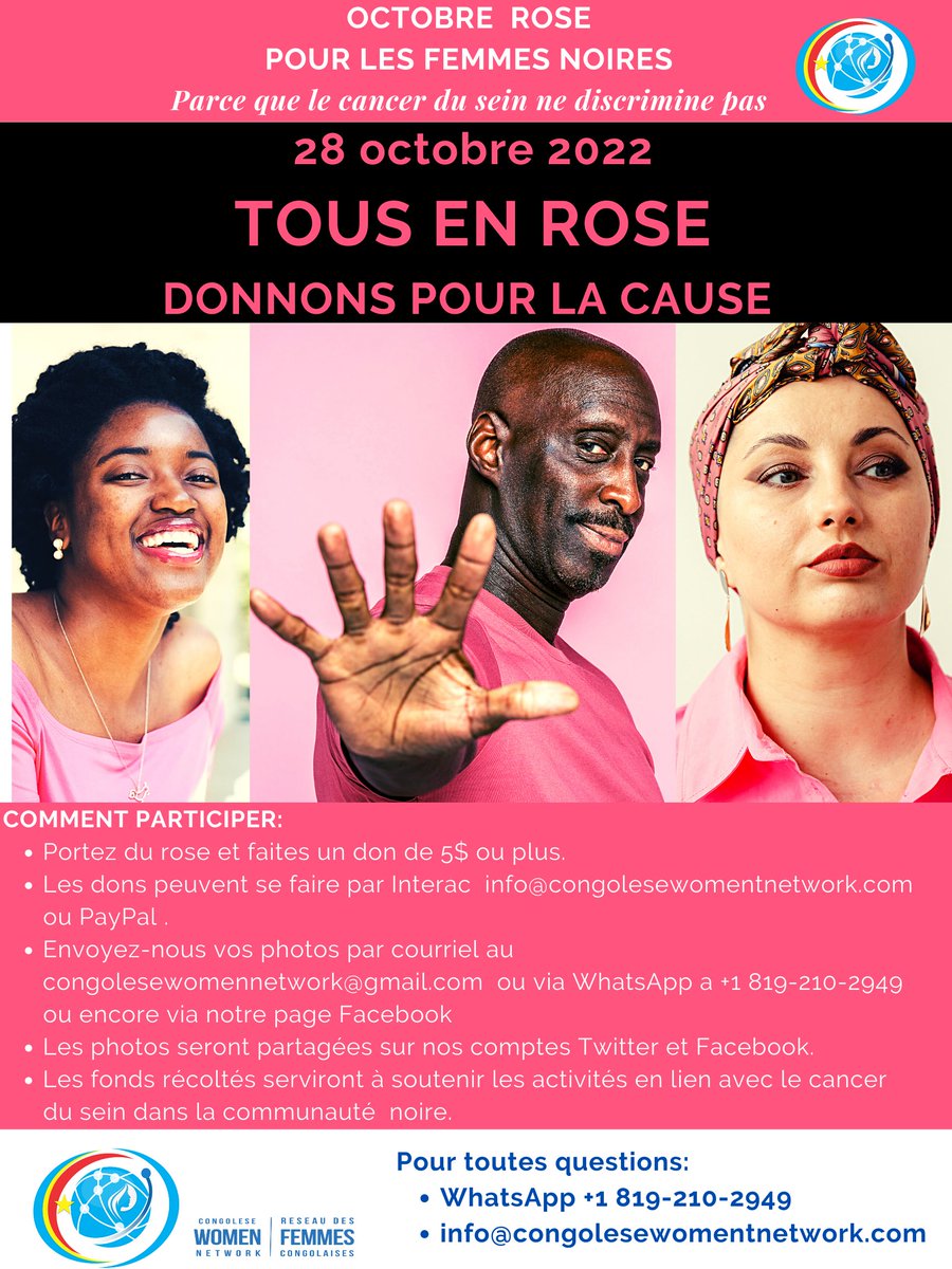 CongoleseWomen1's tweet photo. 28 octobre 2022, TOUS en ROSE et  donnons pour le #cancerdusein #octobrerosepourlesfemmesnoires #BreastCancerAwarenessMonth @SebukaSteve @DrKayumba @MbeteMok @uicc @bipocwhn   @AnneNjom @DeniseNyakeru @Kasong1Blandine   @CancerseinQC @societeducancer @FondationBomoko @MinSanteRDC https://t.co/2utZROmSam