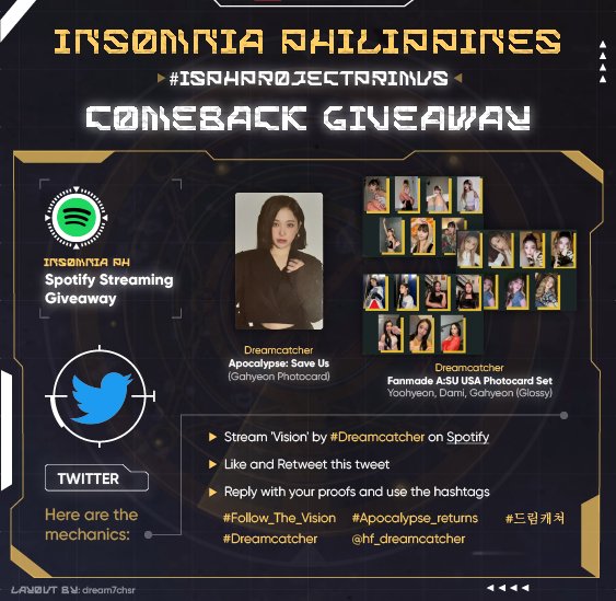 InSomnia_Ph's tweet photo. #ISPHProjectPrimus Spotify Streaming GA 🌱 For FiloSomnias only.
Here are the mechanics:
- Stream 'Vision' by @hf_dreamcatcher on Spotify
- Like and rt this tweet
- Reply with your proofs and use the hashtag #Follow_The_Vision #Apocalypse_returns
#드림캐쳐 #Dreamcatcher https://t.co/BtLGITGfDW