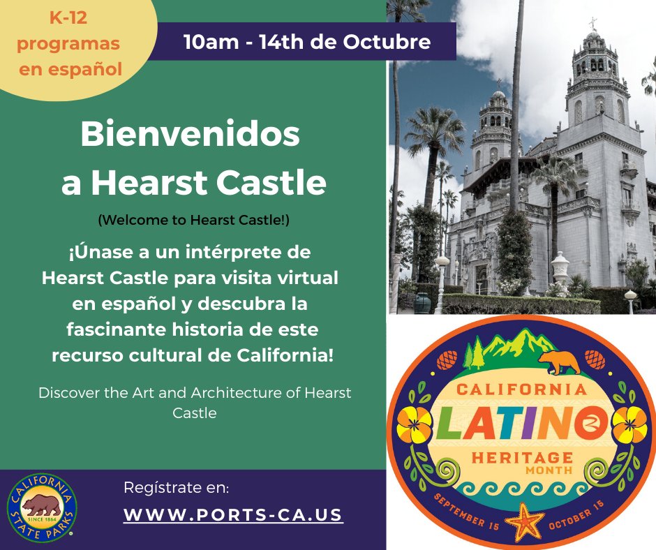 Hearst Castle (@hearstcastleshm) on Twitter photo Join us Oct. 14 at 10am for a virtual visit in Spanish at <a href="/HearstCastleSHM/">Hearst Castle</a> to honor Hispanic Latino Heritage Month!
¡Únase a nosotros para una visita virtual en español de Hearst Castle!
Pre-registration is required.
ports-ca.zoom.us/webinar/regist…
<a href="/portsprogram/">CA State Parks PORTS Program</a> Join us Oct. 14 at 10am for a virtual visit in Spanish at <a href="/HearstCastleSHM/">Hearst Castle</a> to honor Hispanic Latino Heritage Month!
¡Únase a nosotros para una visita virtual en español de Hearst Castle!
Pre-registration is required.
ports-ca.zoom.us/webinar/regist…
<a href="/portsprogram/">CA State Parks PORTS Program</a>