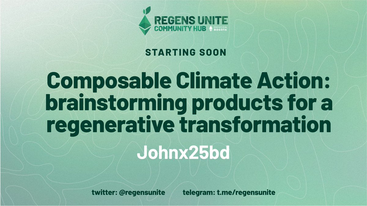 Starting soon! 
If you’re in @efdevcon, don’t miss out on our next session: Composable Climate Action: Brainstorming products for a regenerative transformation, with <a href="/johnx25bd/">johnx</a> . #Devcon

📅 October 13
⏰ 11:00 local time
📍 Floor 1 - Regen Community Hub 🌱✨