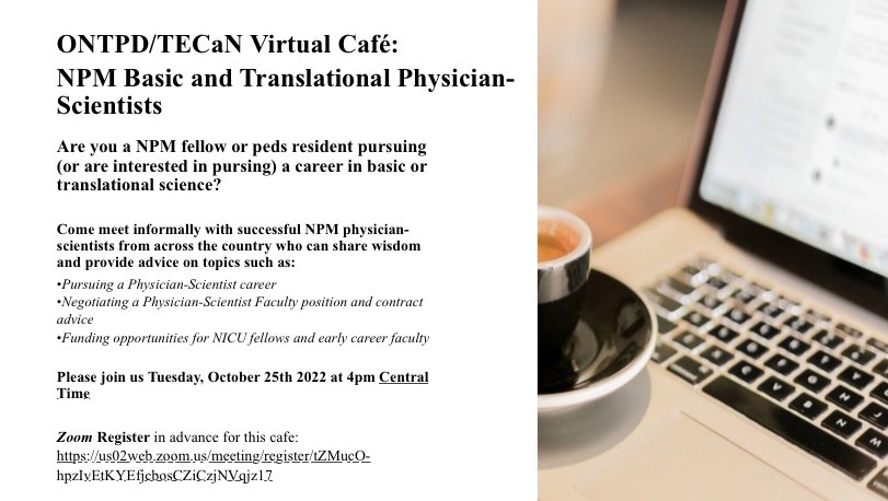 Calling all Neo Fellows and #PedsRes:
 
@NeoTECaN and ONTPD are hosting a virtual café with successful NPM physician-scientists who can offer wisdom, mentorship, and advice. #NeoTwitter #nicufellowship #DoubleDocs @AAPSOPT @AAPneonatal @WomenNeo @amspdc @PSDP_AMSPDC