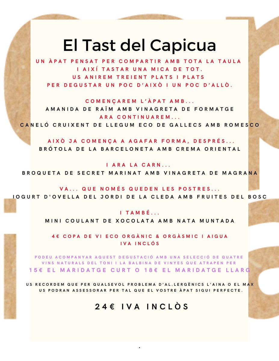 cuinetescapicua's tweet photo. Heu vist el #TastdelCapicua i els #DegustacionsdelCapicua q farem aquest #CapdeSetmana?
#DijousNit, #DivendresNit, #DissabteMigdia i #DissabteNit!
#Degustar #Compartir #Degustació #SlowFood #Km0 #Eco 935809635 I per emportar o a casa vostra amb @rapidicalent? TAMBÉ!!! https://t.co/9OdtEK9UEf