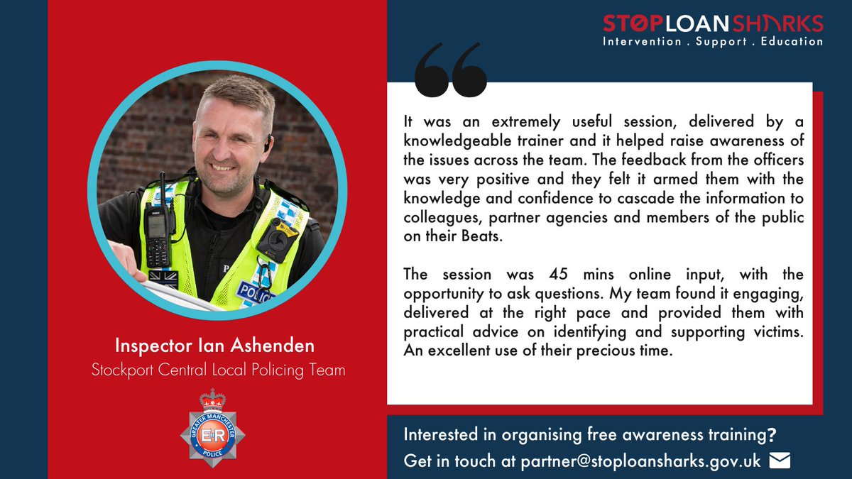SLSEngland's tweet photo. Neighbourhood policing teams play a vital role in helping us identify and disrupt illegal money lending activity in local communities.

Check out the excellent feedback below from Inspector Ian Ashenden on our recent training session delivered to @gmpstockport 👇 https://t.co/lllw6gYotB