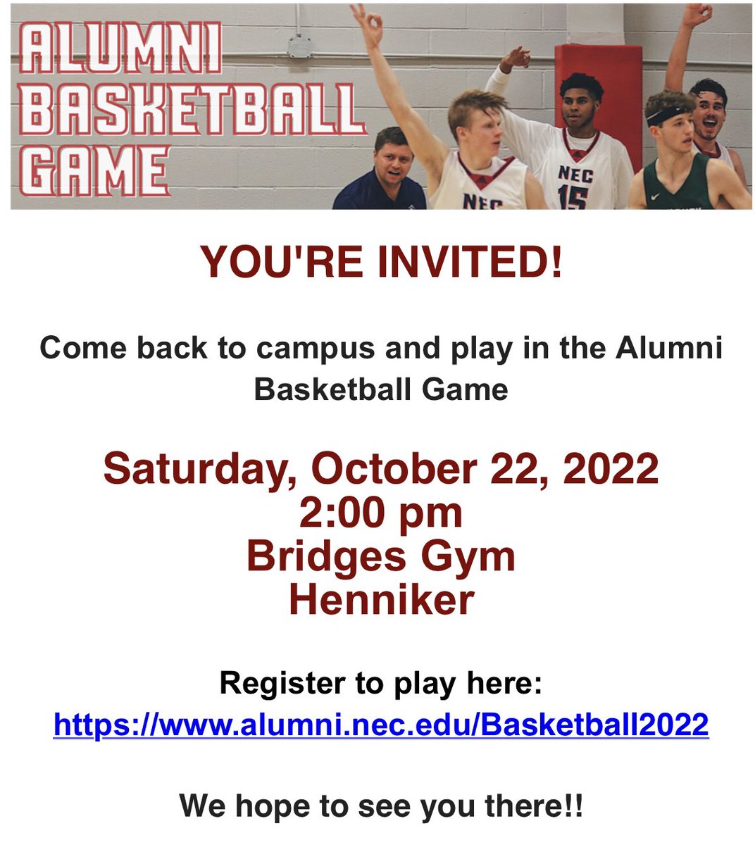 Pilgrims_MBB's tweet photo. NEC Men’s basketball Alumni game info. Please use the link to register if you plan on playing! https://t.co/nFUlQ4ETJ7 https://t.co/VX7zJ413rP