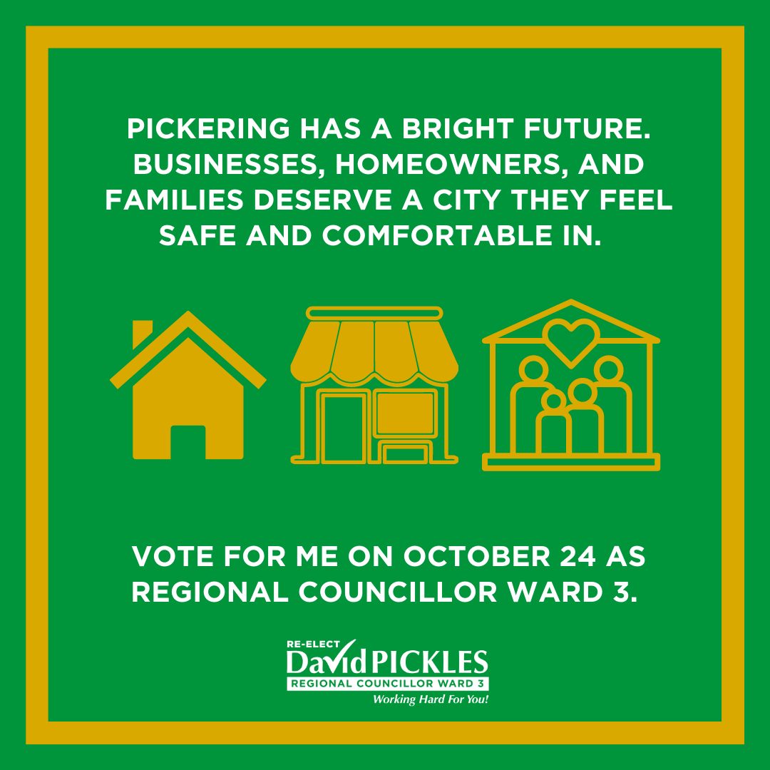 VotePickles's tweet photo. Pickering has a bright future. Businesses, homeowners, and families deserve a City they feel safe and comfortable in. I promise to make this happen. Vote for me on October 24 as Regional Councillor Ward 3. 

🔗https://t.co/Eo4rbxg5SG  

#DavidPickles #picklesforpickering https://t.co/n0PbWaMvL5