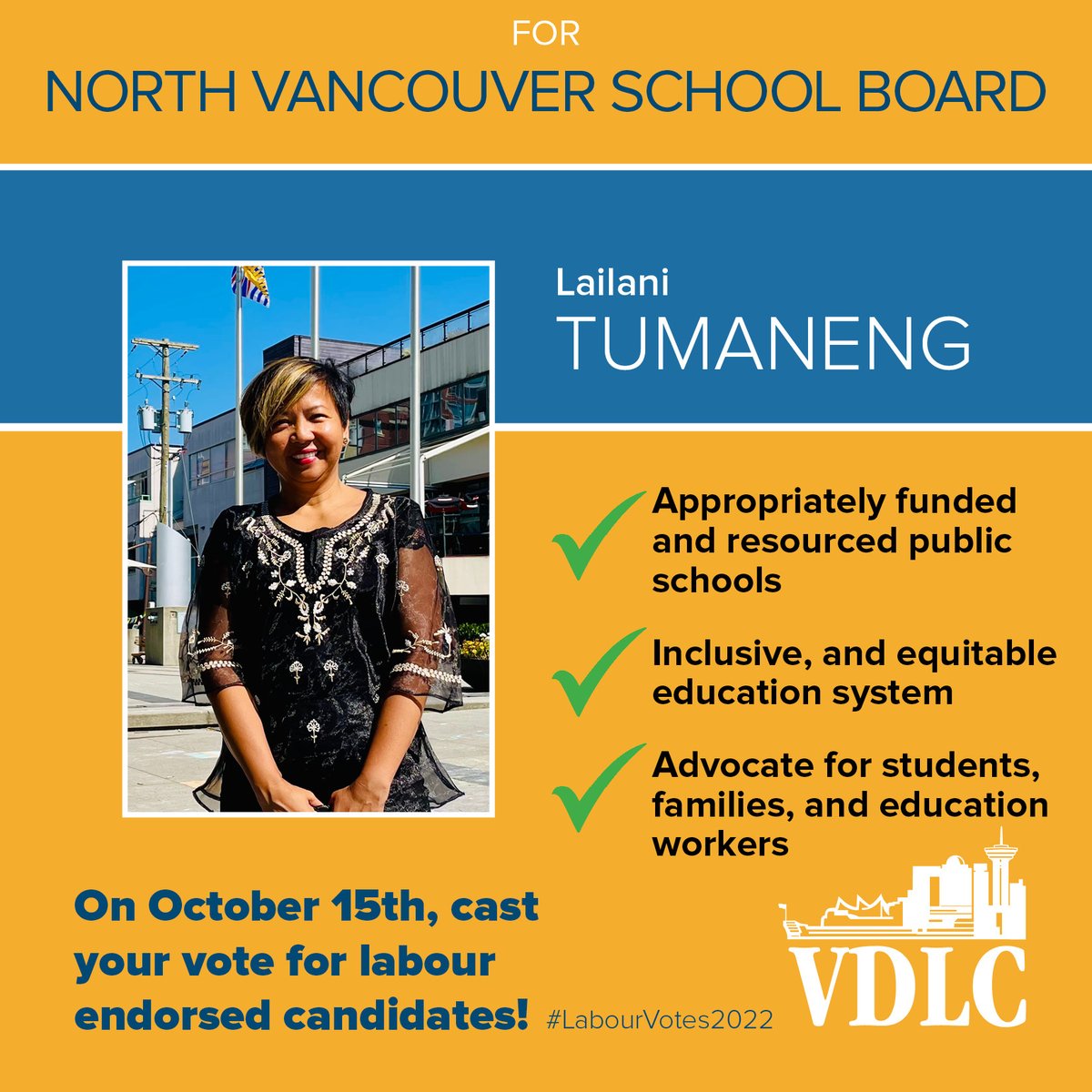 vancouverdlc's tweet photo. City Council:
BACK, Holly
BELL, Don
GIRARD, Angela
MCGRENERA, Kathy
MCILROY, Jessica
School Board (city):
TUMANENG, Lailani
On October 15th, cast your vote for labour endorsed candidates!
2/2
#LabourVotes2022 #VancouverDLC #bclab #NorthVan #bced https://t.co/DUCJ9hKWVC