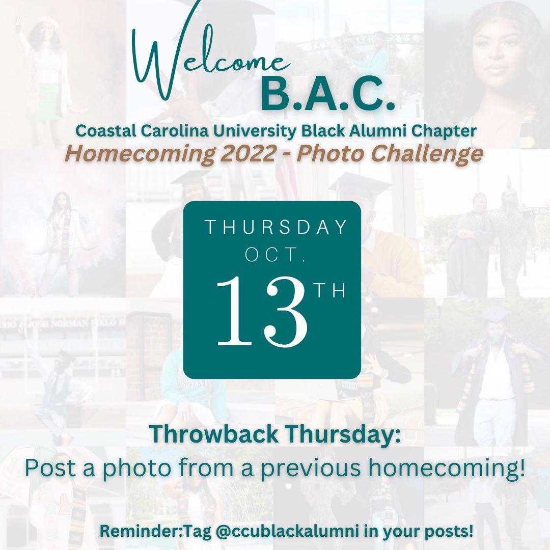 ccublackalumni's tweet photo. It’s Throwback Thursday time! 😎 

Let’s see your previous Homecoming photos and don’t forget to tag us @ccublackalumni so we can feature your story! 

We can’t wait to #CCU tomorrow! 👌🏽

#WelcomeBAC
#CCUHomecoming
#CoastalBlackAlumni
#ThrowbackThursday https://t.co/7XxR6MQ1pn