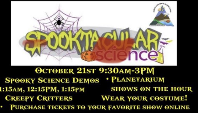 Don't miss the Fall Spooktacular 
FCPS Earth and Space Science Lab
Spooky science experiments!
Fri., October 21
Shows are on the hr between 10am&amp;3pm
Purchasehttps://education.fcps.org/essl/   
Costumes are encouraged!
Learning is always fun at the ESSL!