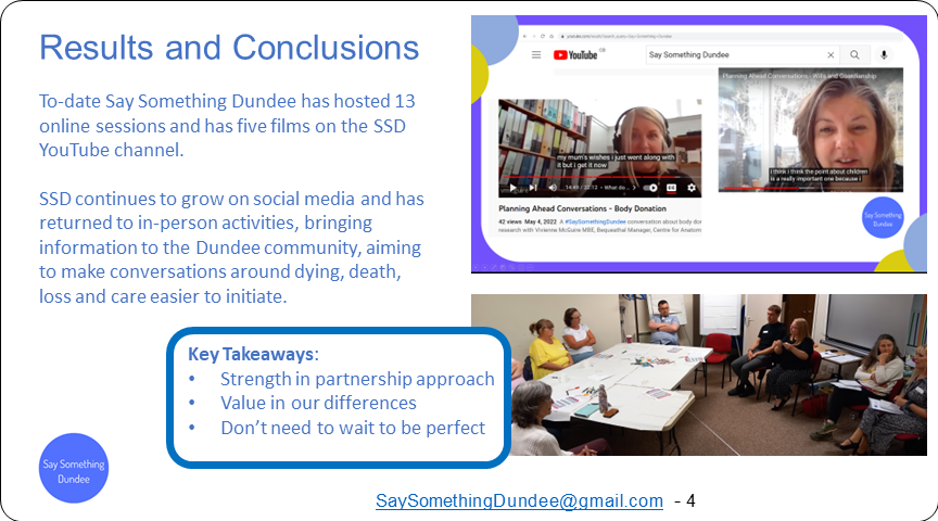 Palliative_Scot's tweet photo. Poster 42 #SPPCPosterParade22 Say Something Dundee: The journey so far: Working collaboratively to bring compassionate communities activities to the people of Dundee @HellyMacG @funerallinkscot @MarieCurieSCO @dundeeuni @DVVAscot @LynnMrsgriffin https://t.co/5G1quSHR66