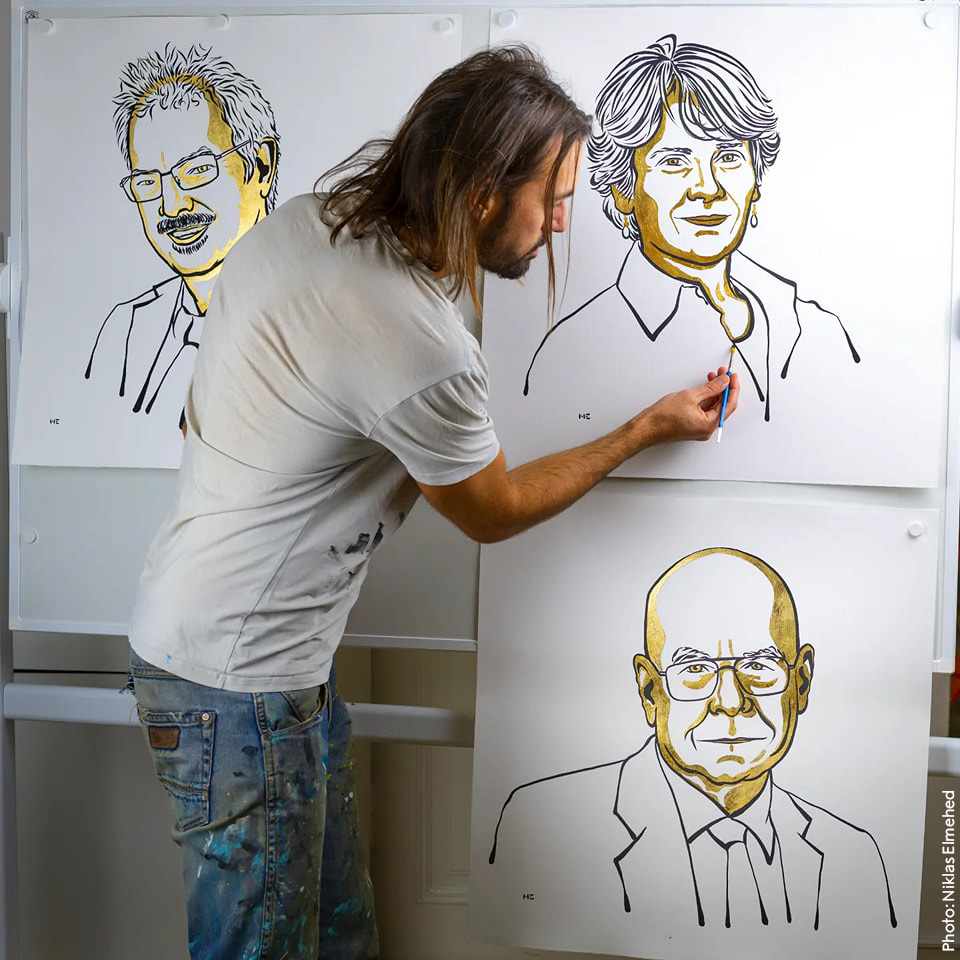 NobelPrize's tweet photo. Interested in the person behind the illustrations of the 2022 Nobel Prize laureates? Check out artist @NiklasElmehed. Here he is painting the portraits of our three new chemistry laureates, Carolyn Bertozzi, Morten Meldal and Barry Sharpless. https://t.co/ORkC3iwTTg