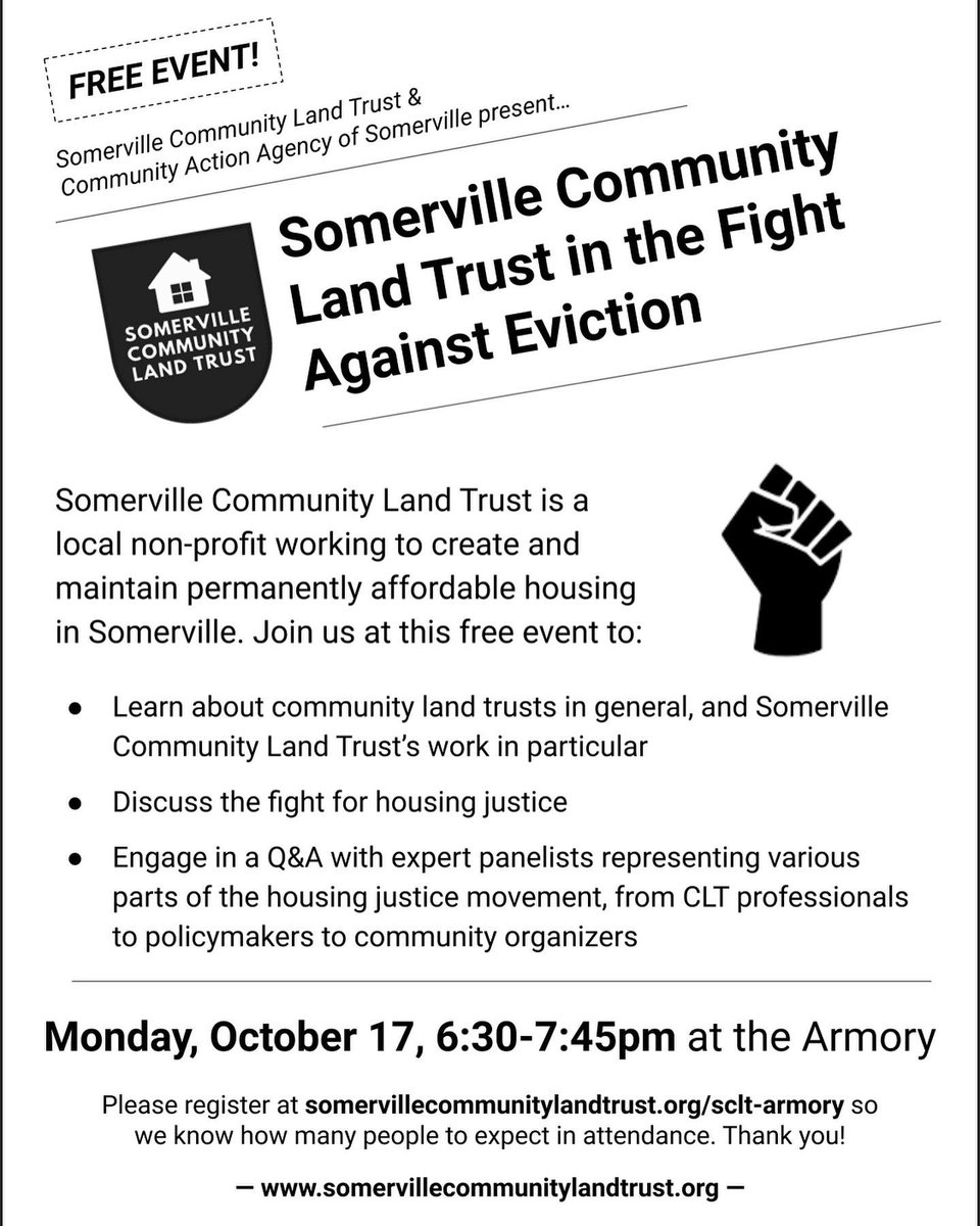 How are community land trusts fighting eviction in Somerville, Greater Boston, and beyond? Join us Mon 10/17 at <a href="/ArtsattheArmory/">Arts at the Armory</a> (and check out <a href="/CAASomerville/">CAAS</a>’s Evicted exhibit) 6:30pm.