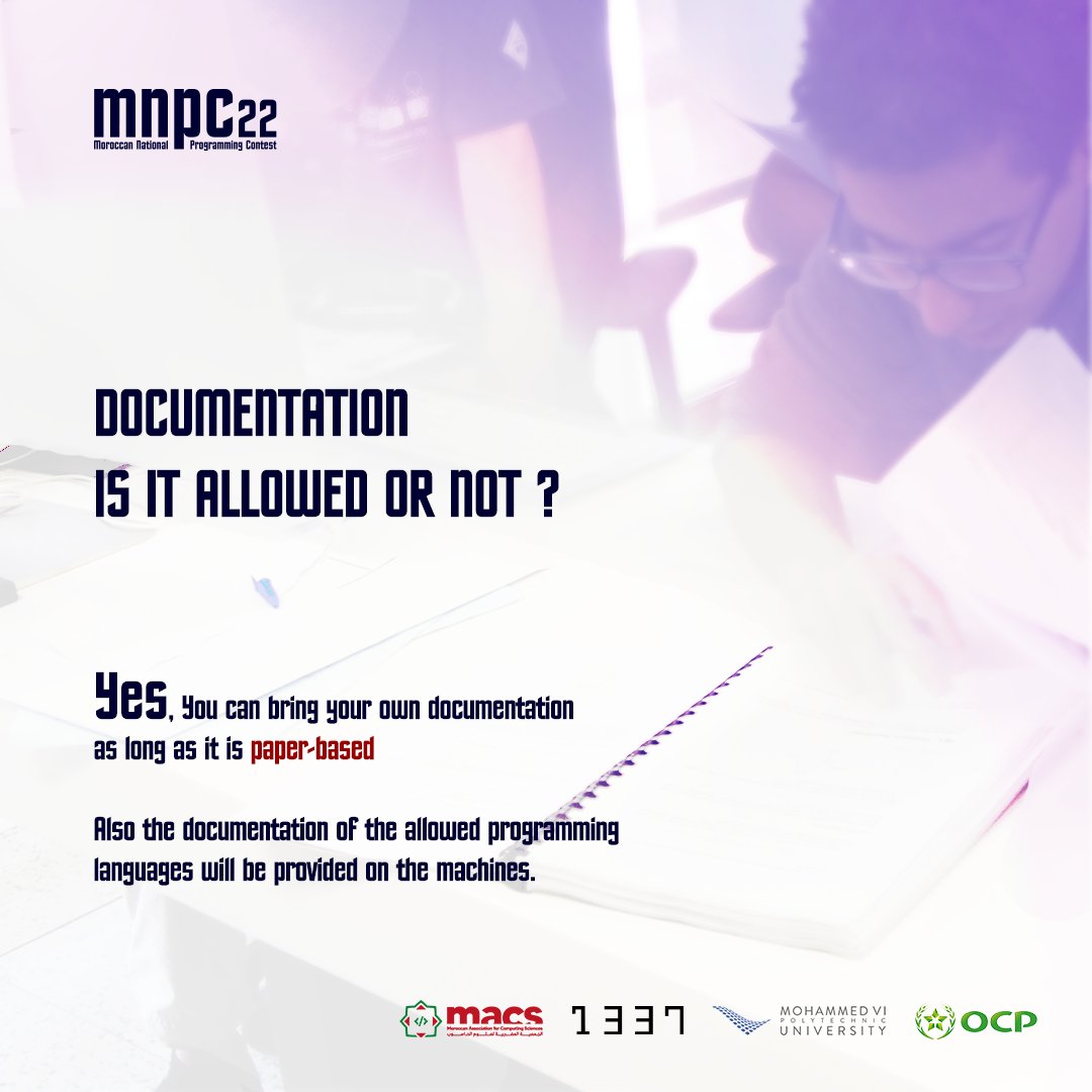 The documentation is allowed ✅
So you can bring your own documentation as long as it is #paperbased 📃
Also the documentation of the allowed programming languages will be provided on the machines (C++, JAVA and Python) 💻
