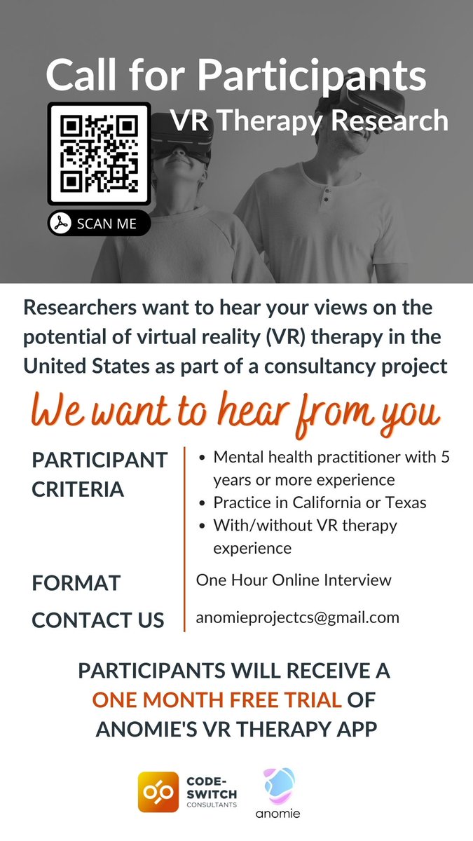 *Interview Participants Needed for a 1-Hour Online Interview* Are you a mental health therapist/counselor in California or Texas? We want to hear from you! #mentalhealth #research #interview #california #texas #therapist #counselor #VR #virtualtherapy #vrtherapy @anomieXR