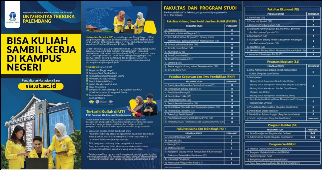 utpalembang's tweet photo. Penerimaan Mahasiswa Baru Universitas Terbuka Tahun Akademik 2022/23.2 (2023.1)
Penerimaan Mahasiswa Baru dibuka mulai tanggal 18 Oktober 2022 hingga 7 Februari 2023.
Daftar sekarang di https://t.co/ZBuo2DM7RW
#kuliahonline #utpalembang #infopalembang #infosumsel https://t.co/jovGaK3bZ8